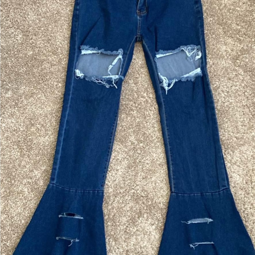Blue Flare Distressed Jeans with Wide Leg